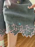 SHOPMOCHO Women High Waist Cute Cartoon Cat Embroidery Jeans Girls Vintage Y2k Clothes Calf Length Denim Pants Harajuku Blue Streetwear