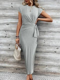 Shopmocho Elegant Waist Tie Striped Round Neck Short Sleeves Long Dress Summer Women's High-End Feel Women's Clothing Skirt