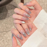 SHOPMOCHO 10pcs high-end Light luxury silver cat-eye French diamonds handmade fake nails, Almond nail girly nail decoration patch