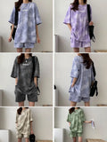 Shopmocho Women T-Shirt Shorts Suit Set Casual Tie Dye Loose tshirt and wide leg middle shorts with pockets female Soft Summer Shorts Sets