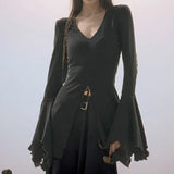 SHOPMOCHO Goth Dark Fairy Grunge Flare Sleeve V-neck T-shirts Gothic Split Sexy Lettuce Hem Female Blouses Y2k Black Slim Fashion Alt Tops