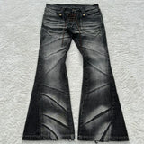 SHOPMOCHO Y2K Distressed Flare Jeans Gothic Men Double Waist Lace Up Denim Pants Retro Washed Scratches Streetwear Unisex Bootcut Jeans