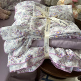 SHOPMOCHO 3/4Pcs Korean Princess Style Floral Ruffles Bedding Set Skin-friendly Soft Duvet Cover Set Bed Sheet Or Bed Skirt Pillowcases