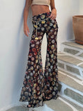 Shopmocho Mesh Leopard Print Trousers Woman Fashion High Waist Print Wide Leg Pants Female Elegant Printed Long Pants Bottoms