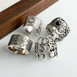 SHOPMOCHO 925 Sterling Silver Rings For Women Geometric Fine Jewelry Finger Adjustable Wide Hollow Stone Ring For Party Birthday Gift