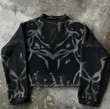 SHOPMOCHO Men New Fashion High Street Casual Streetwear Y2K Retro Long Sleeve Sweater Signature M Logo Pattern Pullover Boxy Knitted Top