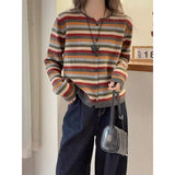 Shopmocho Round Neck Long Sleeve Color Striped Knitted Cardigan for Women in Autumn New Fashionable and Fashionable Sweater Jacket