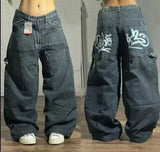 SHOPMOCHO American Fashion Trend Joker Pattern Embroidered Loose Jeans Women Street Y2K New Hip Hop Oversized Wide-leg Pants Unisex Jeans
