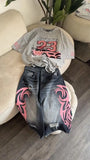 SHOPMOCHO Black Washed Wear Out Ripped Denim Shorts High Street Baggy Straight Leg Pink Printed Five Quarter Pants Mid Waist Gothic Shorts