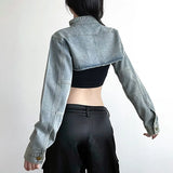 SHOPMOCHO  Y2K Cropped Denim Jacket Women Vintage 90S Sexy Long Sleeve Jeans Coats Summer Gyaru Harajuku Streetwear Design Outerwears