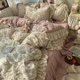 SHOPMOCHO 3/4Pcs Korean Princess Style Floral Ruffles Bedding Set Skin-friendly Soft Duvet Cover Set Bed Sheet Or Bed Skirt Pillowcases