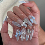 Shopmocho 24pcs Sweet False Nail Patches Detachable Fake Nail Tips With Bowknots Love Heart Pearl Design Pink Almond Korean Press On Nail