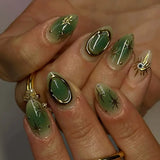 SHOPMOCHO 24Pcs Short Almond Fake Nails Butterfly Wings Nail Art with Glue Glitter Flower False Nails Acrylic Autumn Winter Press on Nail