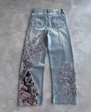 SHOPMOCHO Hip Hop Cherry Blossom Embroidery Baggy Jeans Harajuku Women Wide Leg High Waisted Denim Pants Y2k Trend Jeans Women Clothing