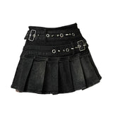 SHOPMOCHO Women's Blue Black Riveted Belt Denim Skirt Y2K Harajuku High Street Fashion 90s Sexy A-line Mini Skirt Summer Clothing 2025 New