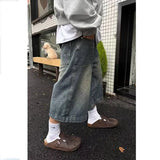 Shopmocho American Retro Waed High Street Jeans orts Loose Straight Leg Vintage Casual Versatile Six Seven Length for Men And Women