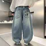 SHOPMOCHO Boys' Wide Leg Jeans Cartoon Embroidery Back Pocket Loose Fit Streetwear Casual Denim Pants Comfortable Fashion Ages 5-15 Years