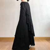 SHOPMOCHO Y2K Black Long Skirt Women Harajuku Gothic Lace Asymmetrical Maxi Skirts Summer Korean Ruffles Patchwork Bandage Design Faldas