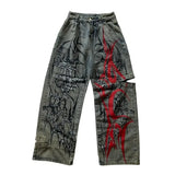 SHOPMOCHO American New Fashion Oversized Pattern Printed Washed Jeans Men Y2K Gothic Rock Popular Casual Joker High Waist Wide Leg Pants