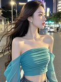 SHOPMOCHO New line shoulder mesh long sleeve T-shirt women with slim-fit hottie sexy explosion street wear short top