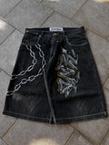 SHOPMOCHO American Washed Ecko Denim Shorts Mens Hip-hop Rock Street Fashion Pattern Straight Pants Harajuku Trend Wide Pants