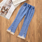 SHOPMOCHO New Fashion Teenage Girls Jeans Pants Bead Lace Denim Girl Trousers Children's Stretch Waist Solid Pants Casual Bell-bottoms