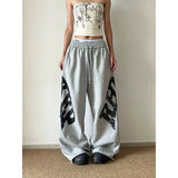 SHOPMOCHO Women Grey Baggy Wide Leg Sweatpants American Letter Print Pants Harajuku Japanese 2000s Style Vintage Y2k Casual Trouse