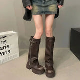Shopmocho Winter Women Biker Boots Fashion Belt Buckle Ladies Elegant Platform Long Pipe Booties Casual Women's Knee High Booties