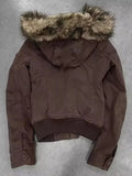 SHOPMOCHO Autumn Winter Vintage Windproof Hooded Jacket Lambswool Lining Warm Zipper Hoodie Women Cotton Brown Zipper Jackets Y2k Coat