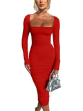 Shopmocho Autumn and Winter Women Sexy Bodycon Dress Square Neck Long Sleeved Ladies Evening Dresses