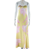 Shopmocho Yellow Printed Halter Satin Women's Dress New Summer Hollow Off Shoulder Bohemian Dress Sexy Sleeveless Slim Party Long Dresses