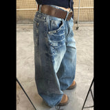 SHOPMOCHO Retro American Rivet Low Waist Straight Leg Denim Jeans Spicy Girl High Street Unique Design Couple Vintage Style Long Trousers