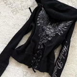 SHOPMOCHO Y2K Gothic Drawstring Design Black Zipper Sweatshirt Womens Jacket Coat Harajuku Letter Graphic Sexy Slim Hoodie Autumn Clothing