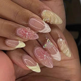 SHOPMOCHO 24Pcs Pink Almond False Nails Butterfly Ballet with French Design Wearable Fake Nails Simple Artificial Press on Nails Tips Art