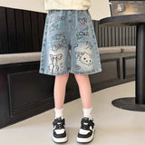 SHOPMOCHO New Summer Girls Denim Shorts Cartoon Hello Kitty Fashion Loose Knee Length Jeans Pants For 4-14 Years Teen Kids Casual Trousers