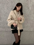 SHOPMOCHO American Fashionable V-neck Lapel Furry Sleeves Lace-up Long-sleeved Woolen Coat Elegant Lace-up Long-sleeved Wool Coat