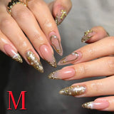 SHOPMOCHO 10PCS Diamond French Pointed Nail Short Square Nail Nude Fake Nail With Gold Glitter Diamond Nail Leopard Print Fake Nail