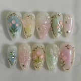 SHOPMOCHO 24Pcs Pink Almond False Nails Butterfly Ballet with French Design Wearable Fake Nails Simple Artificial Press on Nails Tips Art