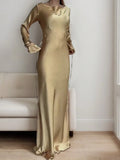 Shopmocho Women's Bespoke Satin Maxi Dress with Corset Waist Tie Classic Round Neck & Dramatic Flared Sleeves Luxury Evening Dress