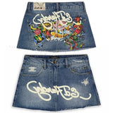 SHOPMOCHO Y2K Street Vintage is a fashionable short skirt Harajuku gothic hip hop letter print vintage blue denim skirt
