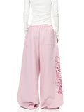SHOPMOCHOY2K Women's Pink Wide Leg Sweatpants 2025 New Fashion Letter Print Drawstring Waist Casual Streetwear Trousers