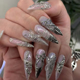 SHOPMOCHO Red Y2K Wearable Nail Art Chic Silver Butterfly Love Metal Bead Almond False Nails Detachable Finished Fake Nails Press on Nails