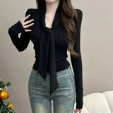 SHOPMOCHO Slim Drawstring Lacing Sexy Tops Women Clothing Spring Autumn Long Sleeve Solid Simplicity Temperament T Shirts Korean Fashion