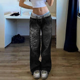 Shopmocho Street style women's clothing, irregular printed loose pants, low waisted pleated washed distressed multicolored jeans