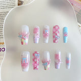 SHOPMOCHO 10pcs pure handmade coffin shaped nail art, beautiful fake nails, playful pink white blue nail art, suitable for women to use