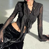 SHOPMOCHO-Long Flare Sleeve Sexy Sweet Hot Girls Korean Blouses for Women Lace-up Mesh Fashion Style All-match Solid Design Elegant Casual