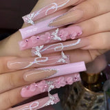 Shopmocho 24pcs Rhinestones Full Cover Nail Art Datachable Glitter French Press on Nails Tip Flower Long Square Fake Nail Pink False Nails