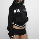 SHOPMOCHO Japanese Subculture Anime Geometric Embroidery Short Jacket Aesthetic Women's Stand Collar Zipper Contrasting Slim Casual Jacket
