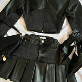 SHOPMOCHO Y2K Leather Spliced Denim Black Two Piece Set Women Harajuku Gothic Long Sleeve Zipper Jacket Mini Pleated Skirt Autumn Jacket