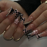Shopmocho 24Pcs Long Coffin Leopard Print False Nails with Glue Sweet Cool Diamond Fake Nail Set Floral French Press on Wearable Nail Tips